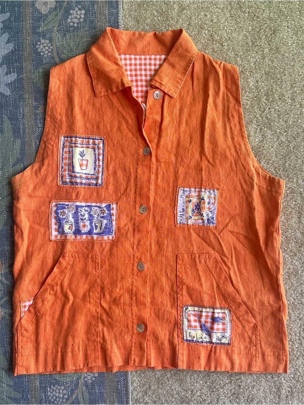 Onque Casuals Orange Linen Button-Front Tank Top with Blue Patches